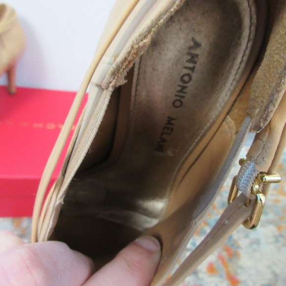 Antonio Melani Leather Ankle Boots Booties Peep Toe Size 7 Tan High Heels 440 - Picture 12 of 13